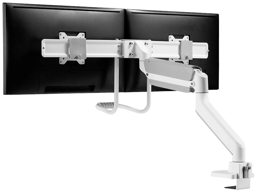 Zwei schwarze Monitore auf einer weißen, verstellbaren Schreibtischhalterung montiert.