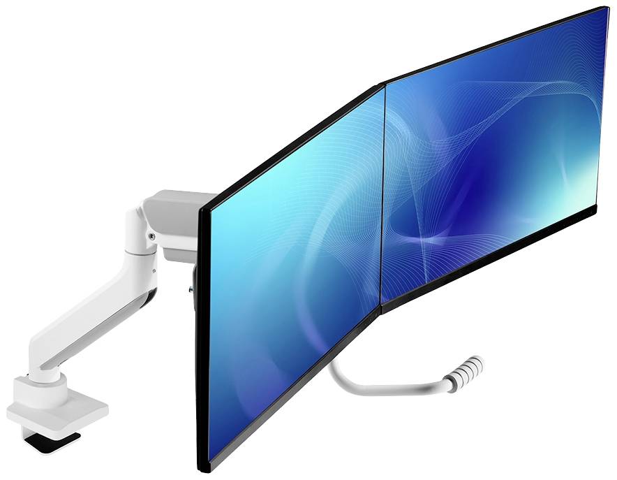 Zwei verbundene Computerbildschirme an beweglichem Armhalterungssystem, zeigen blaue abstrakte Grafiken auf ihren Displays.