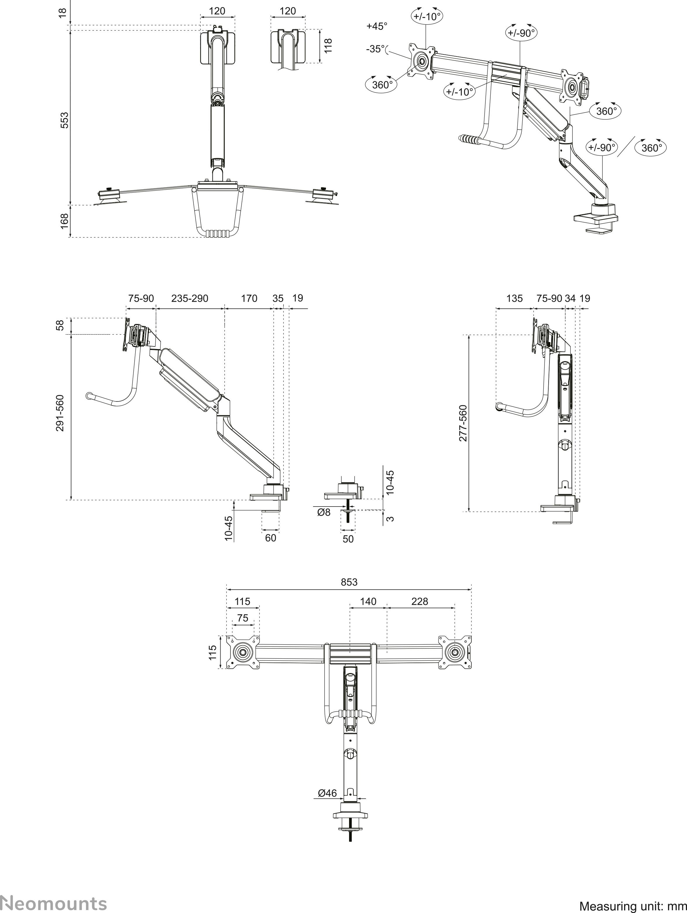 Technische Zeichnung eines Monitorarms zeigt Maße und Befestigungsdetails. Enthält Ansichten von vorne, oben und der Seite mit Maßangaben in mm.