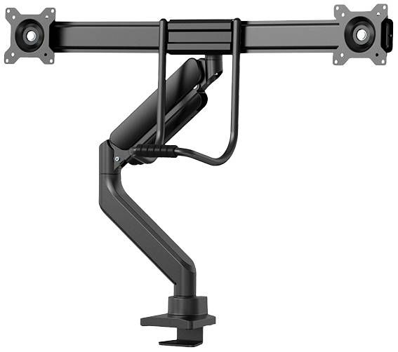 Schwarzer Dual-Monitor-Arm mit zwei Halterungen, die an einem zentralen Ständer befestigt sind, geeignet zur Tischmontage.