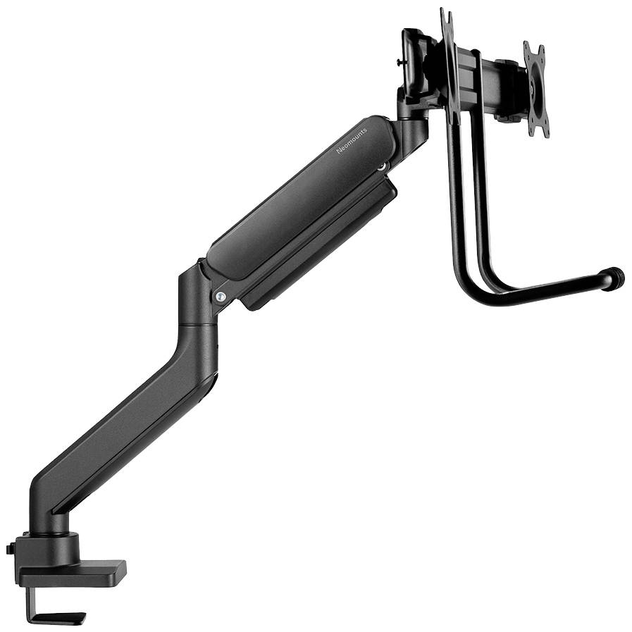 Schwarzer Monitorarm mit einstellbarem Gelenk, zur Tischmontage geeignet. Ideal zum Positionieren von Monitoren für ergonomische Zwecke.