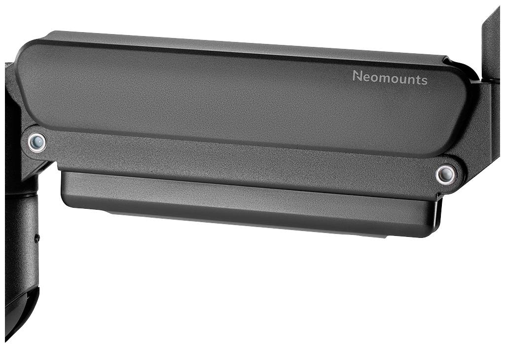 Schwarze Schwenkarmhalterung mit Beschriftung 'Neomounts' sichtbar.