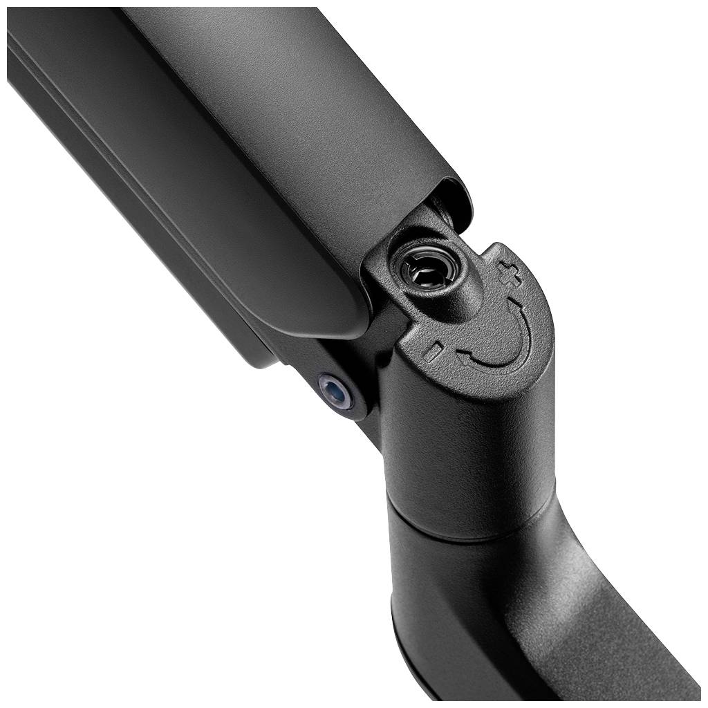 Nahaufnahme eines Gelenks eines schwarzen Monitorarms mit sichtbarer Schraube und Pfeilrichtungsmarkierung zur Bewegungseinstellung.