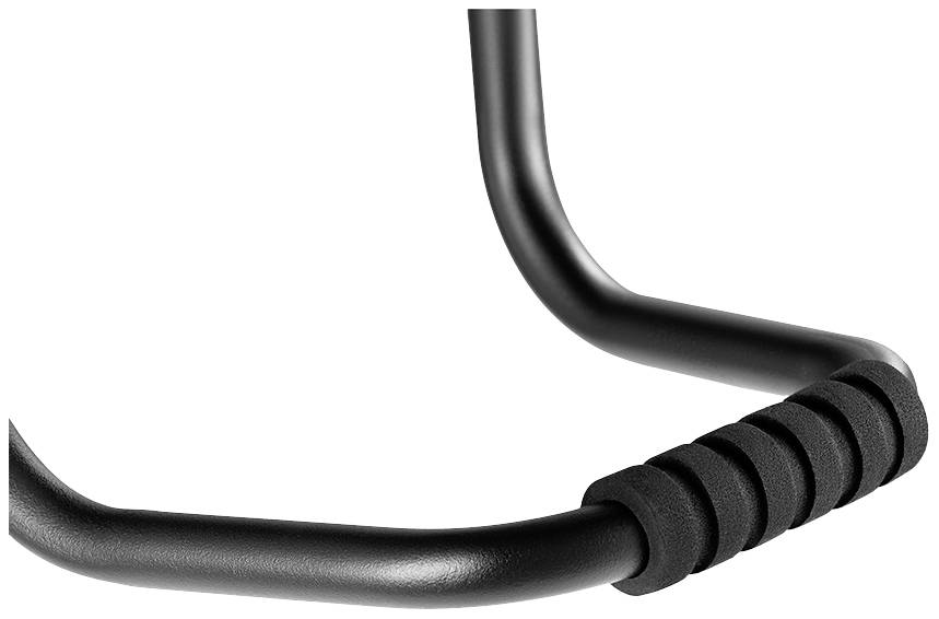 Nahaufnahme eines schwarzen Metallgriffs mit Schaumstoffpolsterung an einem Ende. Der Griff hat eine U-Form und wird als Zuggriff verwendet.