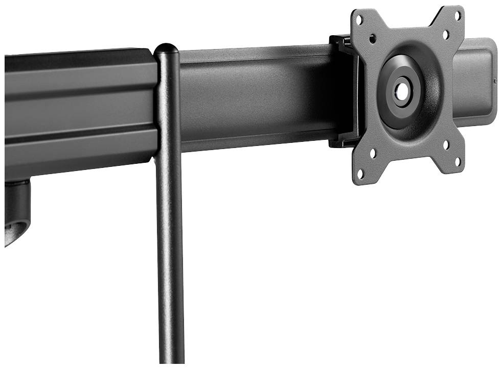 Nahaufnahme eines schwarzen Monitorarms aus Metall, der mit einer VESA-Halterung zur Befestigung eines Bildschirms ausgestattet ist.