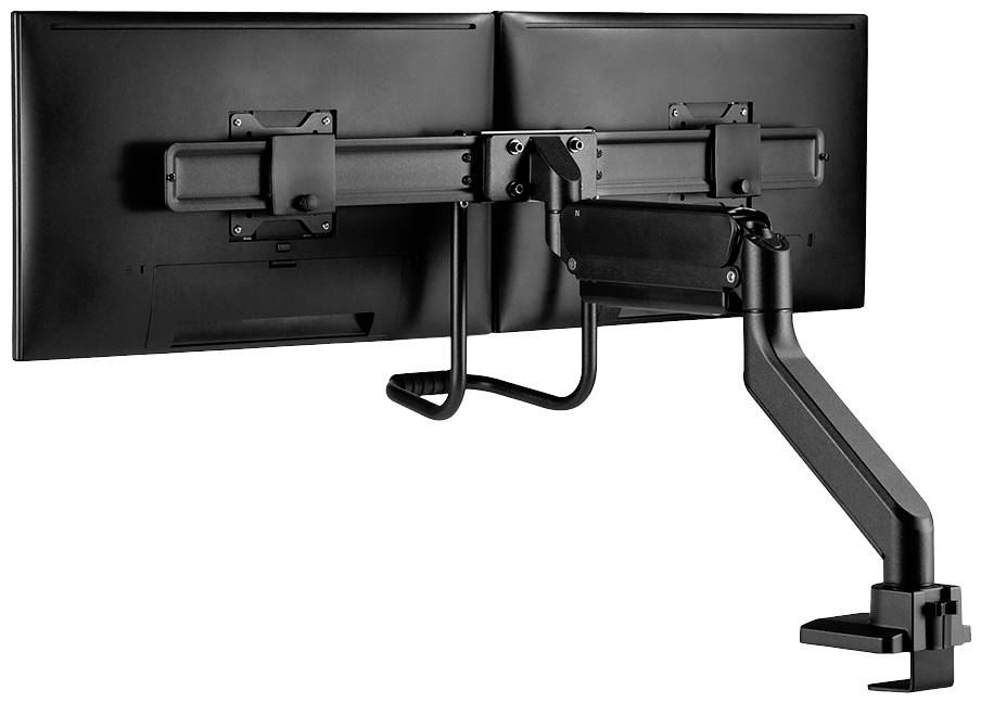 Ein doppelter Monitorarm mit zwei montierten Bildschirmen, die Rücken an Rücken befestigt sind. Er ist an einem Tisch festgeklemmt.
