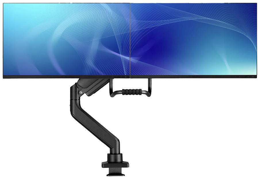 Zwei nebeneinander platzierte Monitore auf einem flexiblen Halterungsarm mit blauen Bildschirmhintergründen, die ein nahtloses Display erzeugen.
