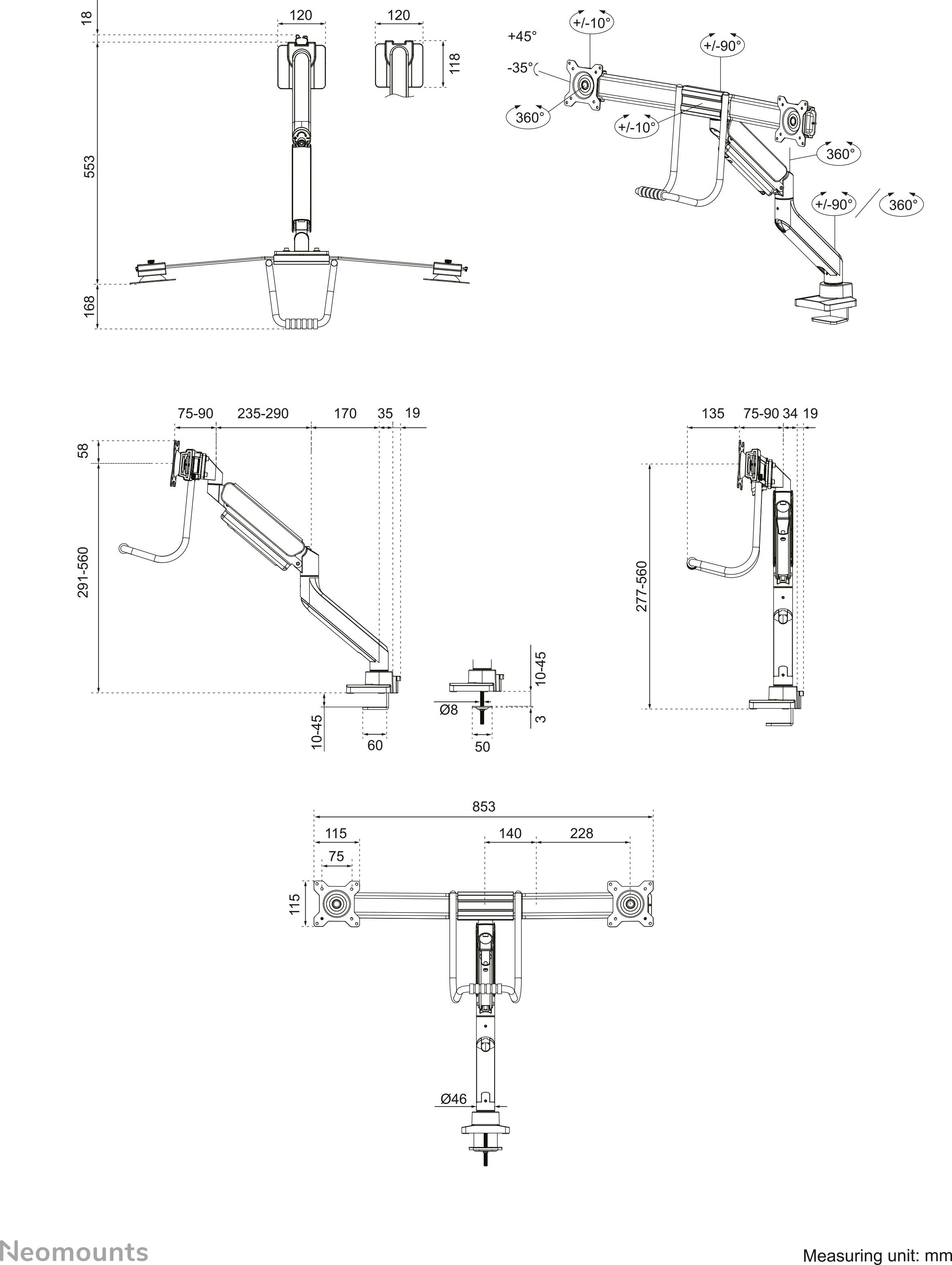 Technische Zeichnung eines Monitorarms mit Maßen und Einstellmöglichkeiten. Zeigt Montageoptionen, Rotationswinkel und Höhenverstellung.