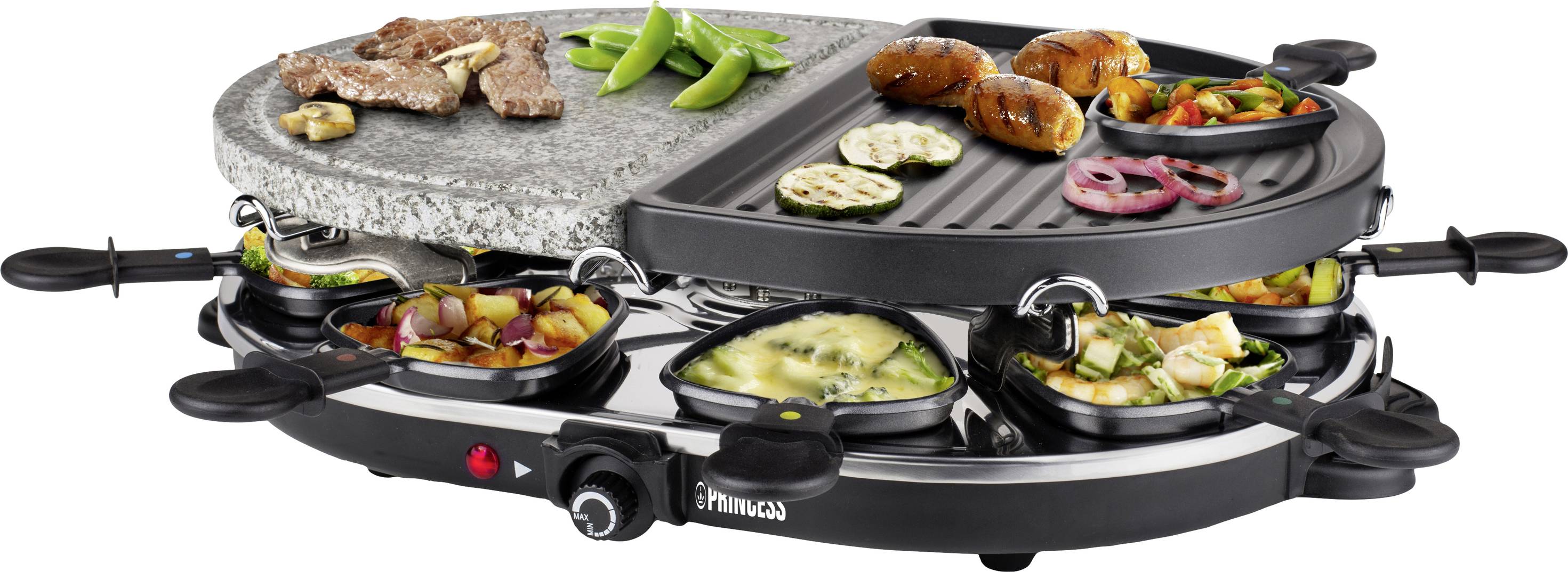Princess 01.162710.01.001 Elektro Raclette 8Pfännchen, Antihaftbeschichtung, Kontrollleuchte Schwarz, Grau
