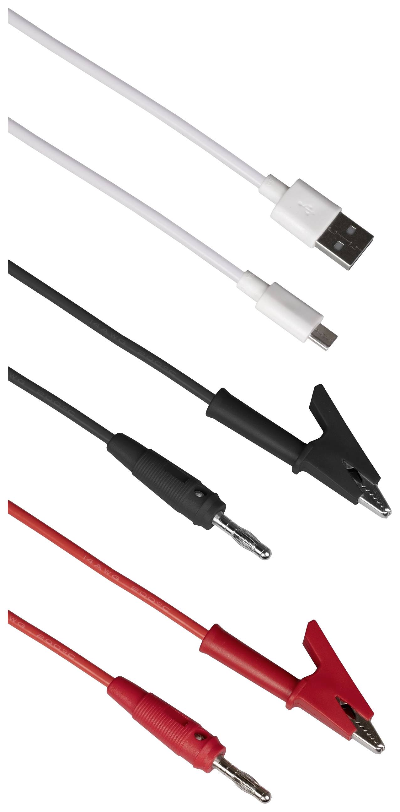Diverse Kabelarten: Oben ein weißes USB-Kabel, darunter schwarze und rote Krokodilklemmen-Kabel.