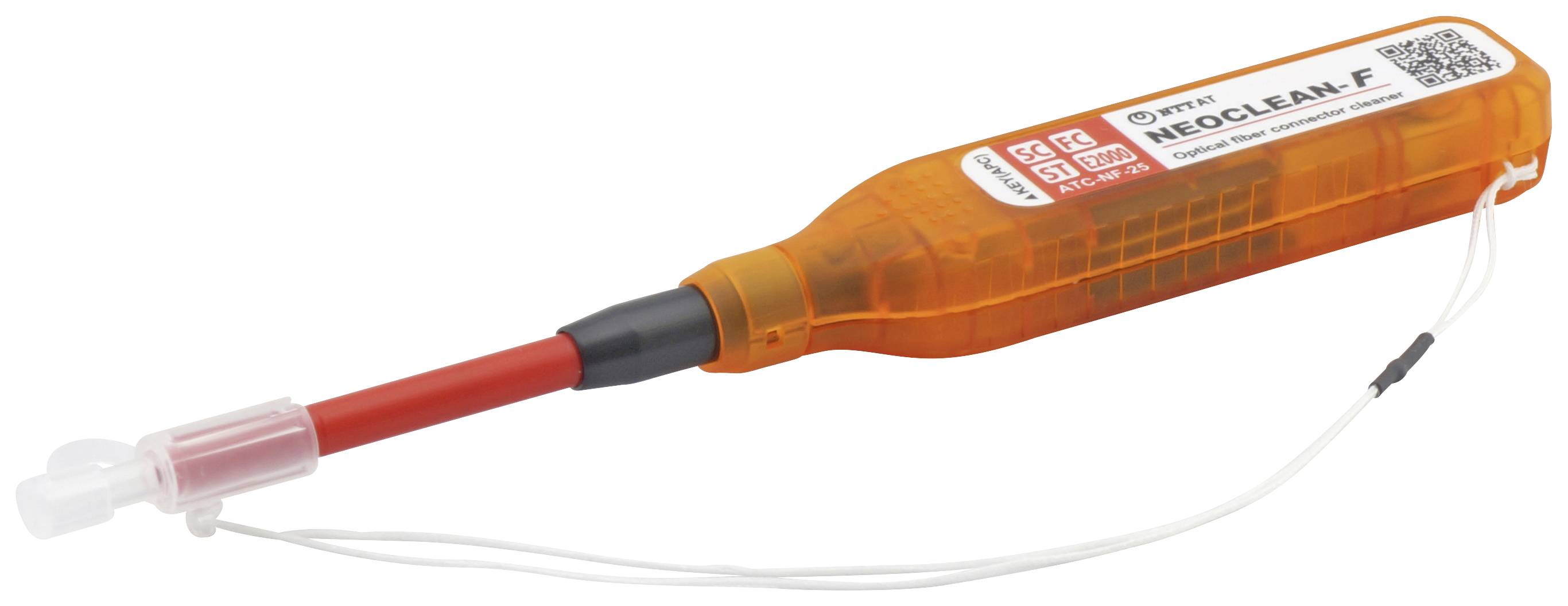 Ein orangefarbenes Reinigungswerkzeug mit einer roten Spitze, verwendet zur Reinigung von Glasfaserverbindungen in Netzwerkinstallationen.