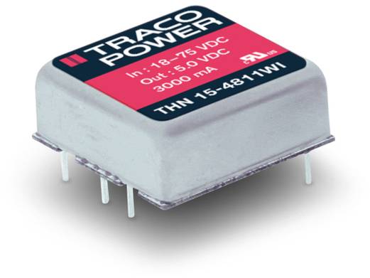 Ein elektrisches Bauteil der Marke Traco Power, Modell THN 15-4811WI, mit den Spezifikationen: Eingang 18-75 VDC, Ausgang 5,0 VDC, 3000 mA.
