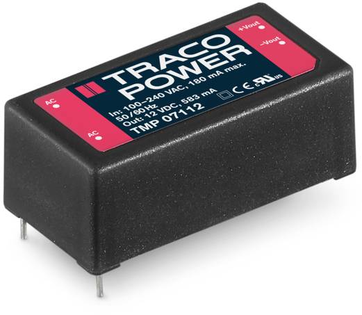 Rechteckiger Spannungswandler von Traco Power mit rot-schwarzem Etikett. Eingang: 100-240VAC, Ausgang: 12VDC, 0,83A. Modell: TMP 07112.