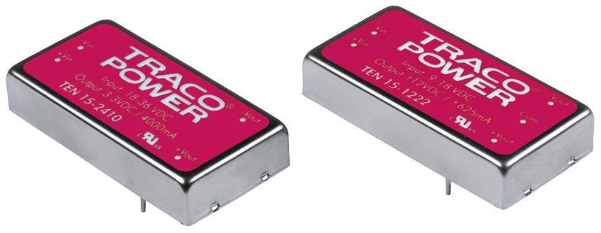 Zwei elektronische Bauteile von Traco Power liegen nebeneinander. Aufschrift: 'Traco Power'. Kompakt, schwarz-rot, Metallgehäuse.