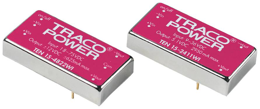 Zwei Traco Power Module mit roten Labels, zeigen Eingangs- und Ausgangsspannungsdetails. Ein Modul ist TEN 15-4822WI, das andere TEN 15-2411WI.