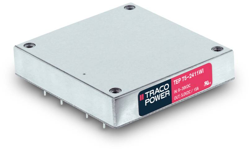 Ein rechteckiges elektronisches Bauteil von Traco Power mit der Bezeichnung 'TEP 75-2411WI'. Es hat Eingangs-/Ausgangsport-Anschlüsse.