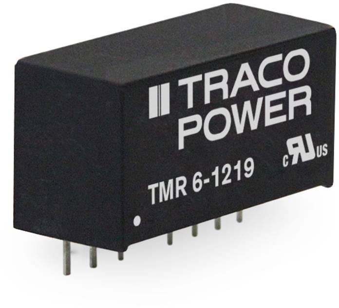 Rechteckiges Elektronik-Bauteil mit Aufschrift 'TRACO POWER TMR 6-1219' und sechs Metallpins unten.