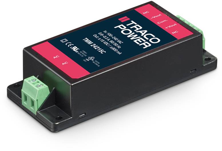 Ein schwarzes Netzteil von Traco Power mit roten Enden, Modell TMM 24-1253C, zeigt technische Spezifikationen auf einem Etikett.