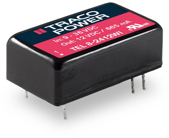 'TRACO POWER'-Modul mit Eingangsspannung 9-36 VDC, Ausgang 12 VDC/665 mA, Modell TEL 8-2412WI, schwarzes Gehäuse mit Metallstiften.