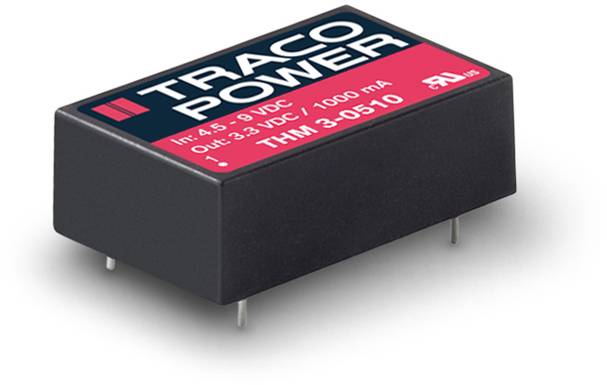 Ein rechteckiges elektronisches Bauteil mit der Aufschrift 'Traco Power'. Eingangsbereich: 4,5-9 VDC, Ausgang: 3,3 VDC/1000 mA.