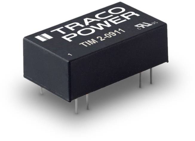 Eine schwarze Traco Power TIM 2-0911 Module mit Pins, hauptsächlich für elektronische Anwendungen genutzt, liegt auf weißem Hintergrund.