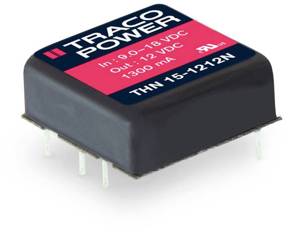 Ein schwarzer Traco Power Spannungswandler-Modul mit rotem Aufkleber, zeigt Eingangs- und Ausgangsspannung sowie Stromstärke.