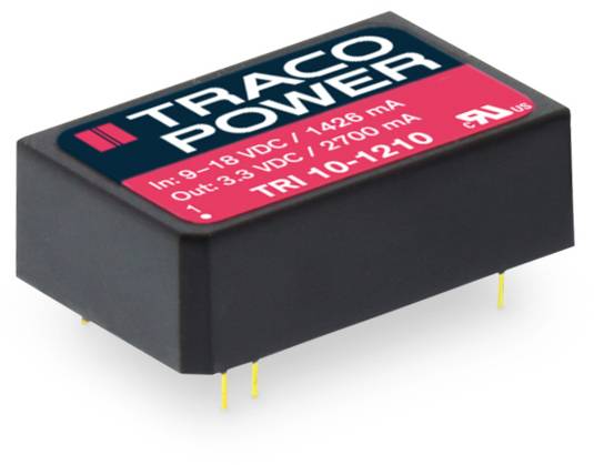 'TRACO POWER' Spannungswandler für 9-18 VDC Eingang, 3,3 VDC Ausgang, 1428 mA. Schwarzes rechteckiges Gehäuse mit goldfarbenen Anschlüssen.