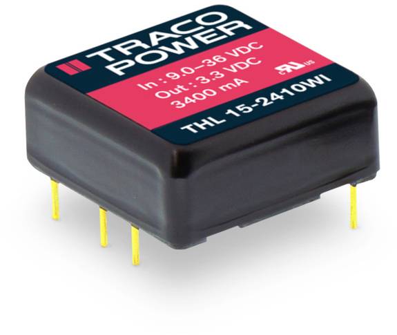Schwarzer Spannungswandler mit Aufschrift 'TRACO POWER'. Eingang: 9,0–36 VDC, Ausgang: 3,3 VDC, 3400 mA, Modell THL 15-2410WI.