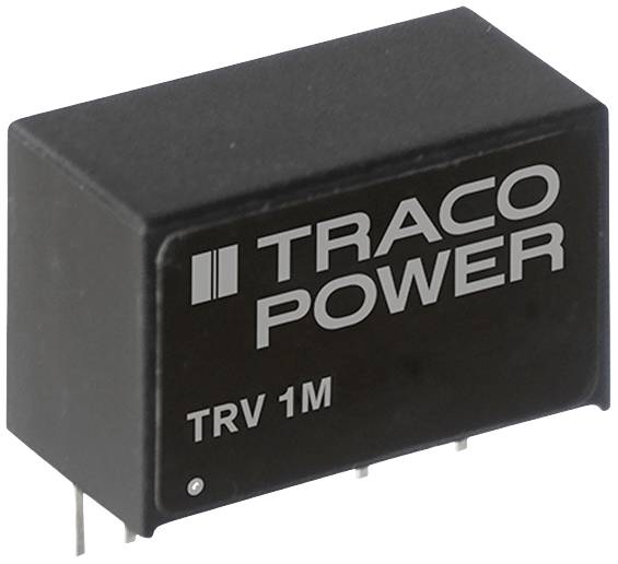 'TRACO POWER TRV 1M'-Spannungswandler, schwarze rechteckige Form mit drei metallischen Pins unten.