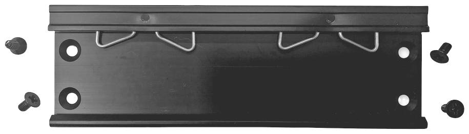 Schwarze Metallhalterung mit vier Haken und fünf Schrauben, zwei Löcher links zur Befestigung.