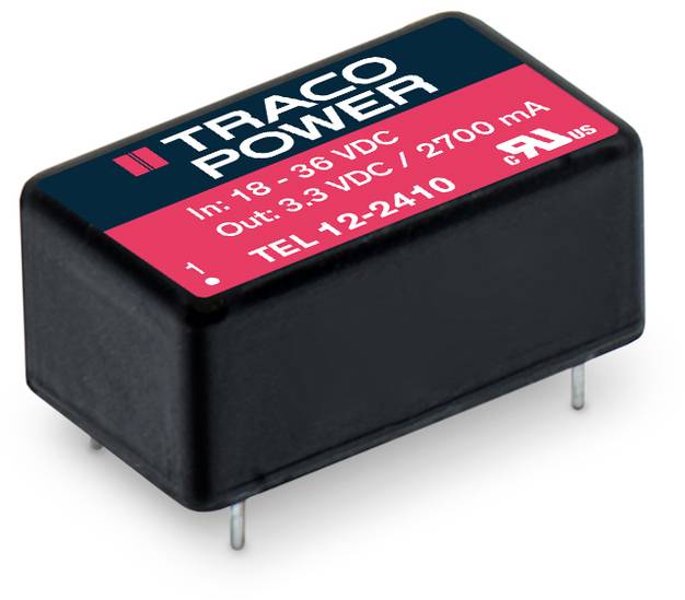 Ein schwarzer elektrischer Konverter mit dem Aufdruck 'TRACO POWER', Specs: Eingang 18-36 VDC, Ausgang 3.3 VDC / 2700 mA.