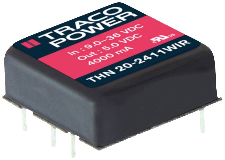 Abgebildet ist ein elektronisches Bauteil, ein Spannungswandler von TRACO POWER, mit Eingangsspannung 9-36 VDC, Ausgang 5 VDC, 4000 mA.