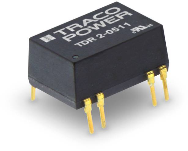 'TRACO POWER TDR 2-0511' auf schwarzem Gehäuse mit sechs goldfarbenen Pins, typischer DC-DC-Wandler für elektronische Anwendungen.