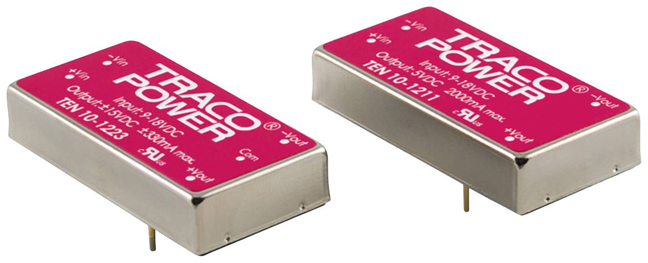 Zwei Traco Power Module mit rotem Gehäuse und silbernen Anschlüssen. Sie sind zur Energieversorgung elektronischer Geräte konzipiert.