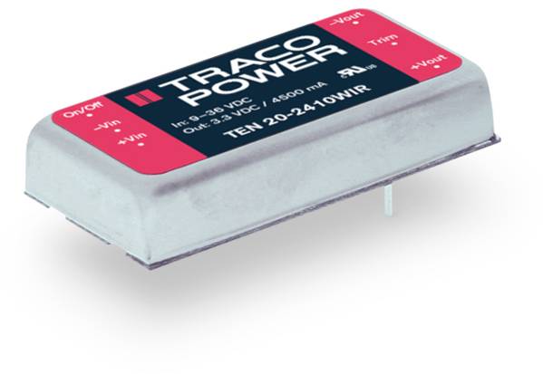 Rechteckiger elektronischer Wandler mit Aufschrift 'Traco Power'. Konvertiert Eingangsspannung in 3,3 VDC Ausgangsspannung bei 4500 mA.