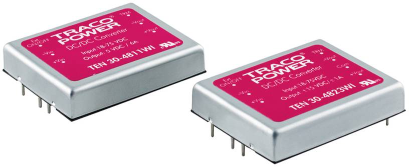 Zwei silberne Traco Power DC/DC-Wandler mit rotem Aufkleber, die technische Spezifikationen und Modellnummern anzeigen.