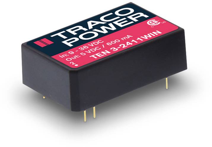 Schwarzes Traco Power-Modul mit roten und blauen Details, zeigt Spezifikationen: Eingang 9-36 VDC, Ausgang 5 VDC / 600 mA.