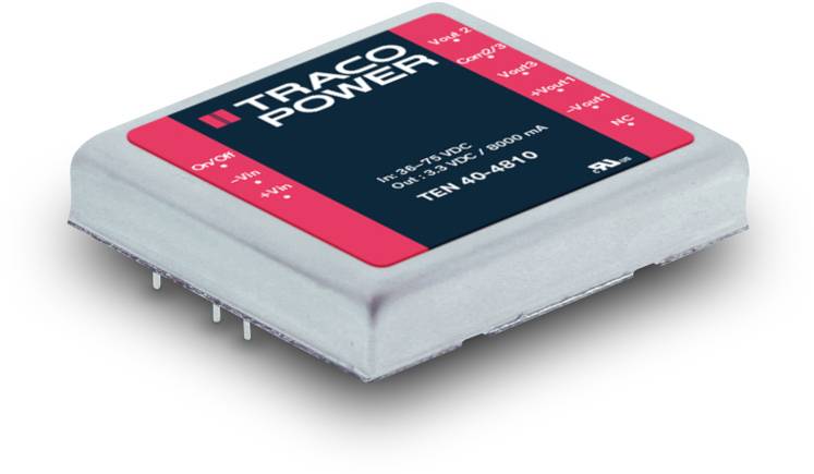 Elektronisches Bauteil mit der Aufschrift 'TRACO POWER', zeigt Modell- und Spannungsinformationen auf einem Metallgehäuse.