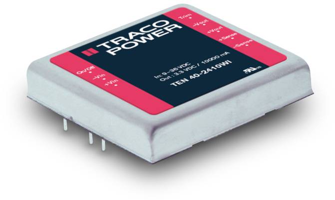 Ein quadratisches elektronisches Bauteil mit der Aufschrift 'TRACO POWER', roten und schwarzen Flächen sowie elektrischen Pins.