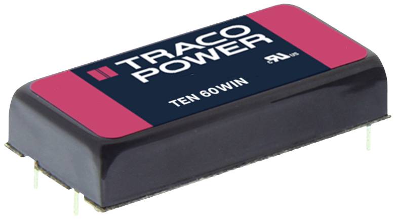 Ein schwarzes elektronisches Bauteil mit Etikett 'TRACO POWER TEN 60WIN'. Rechteckige Form mit mehreren Anschlussstiften.