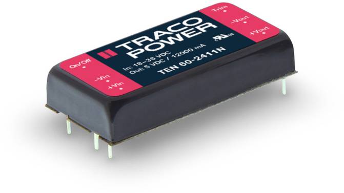 Rechteckiger elektronischer Bauteil, Traco Power, Modell TEN 60-2411N, mit technischen Daten auf der Oberseite aufgedruckt.