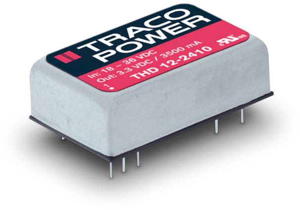 Spannungswandler von TRACO Power, Modell THD 12-2410, Eingang 18-36 VDC, Ausgang 3500 mA. Rechteckige Bauform mit Anschlussstiften.