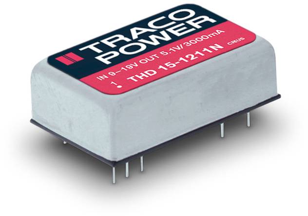 Stromwandler 'TRACO POWER', Modell THD 15-1211N, mit Eingang 9-18V und Ausgang 5,1V/3000mA, zeigt Anschlusspins auf der Unterseite.
