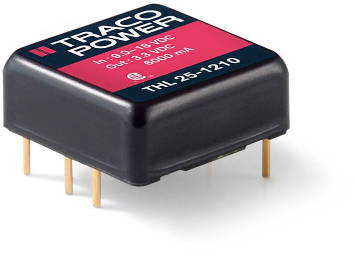 Ein trapezförmiger Spannungswandler von Traco Power, Modell THL 25-1210. Eingangsbereich: 9-18 VDC, Ausgang: 3.3 VDC bei 6000 mA.