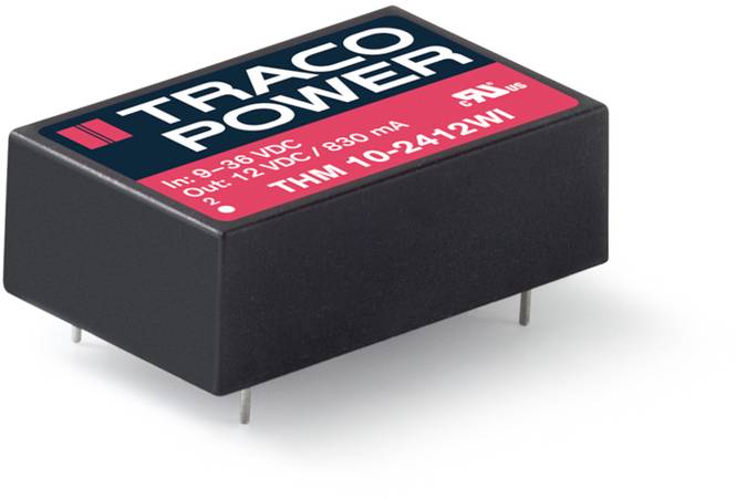 Ein schwarzer elektronischer Baustein mit der Aufschrift 'TRACO POWER', spezifiziert für Ein- und Ausgangsspannung und Stromstärke.