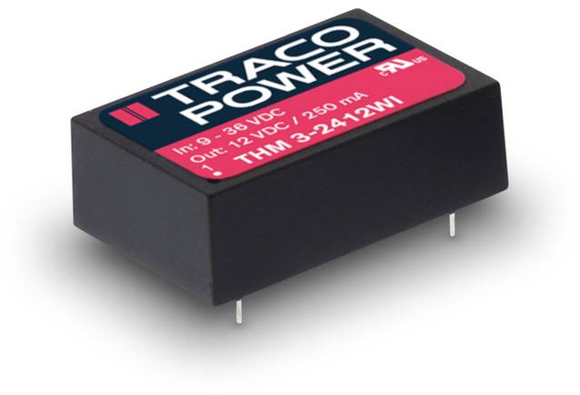 Ein rechteckiger elektronischer Bauteil von Traco Power, mit Angaben zur Eingangsspannung (9-36 VDC), Ausgangsspannung (+12 VDC) und Strom (250 mA).