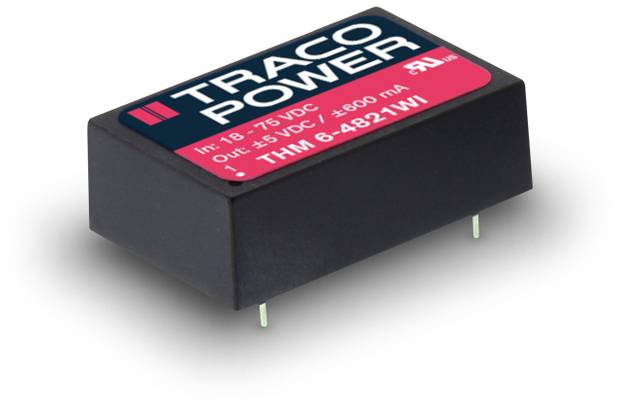 Ein rechteckiges Elektronikmodul von Traco Power mit Beschriftung 'THM 6-4821WI'. Es ist schwarz mit rotem Etikett.