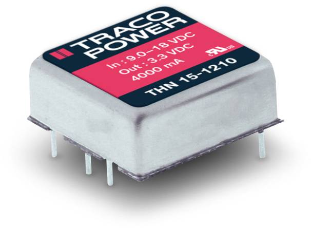 'TRACO POWER' Spannungswandler, zeigt Eingang von 9-18 VDC, Ausgang 3.3 VDC, 4000 mA. Sechs Pins an der Unterseite.