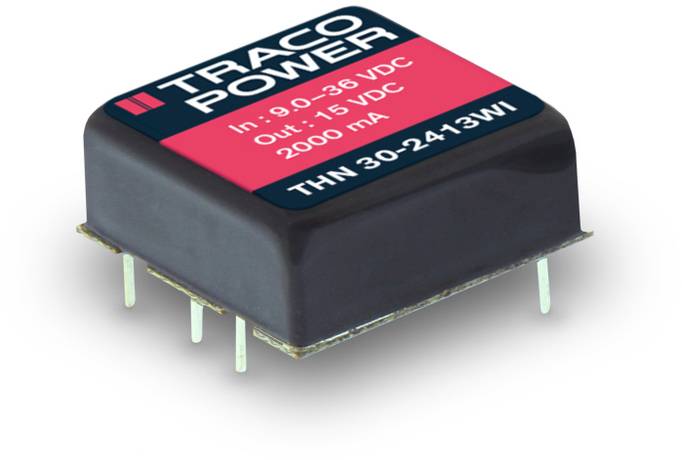 Ein rechteckiger Spannungswandler von Traco Power mit der Aufschrift 'In: 9.0-36 VDC, Out: 15 VDC, 2000 mA, THN 30-2413WI'.