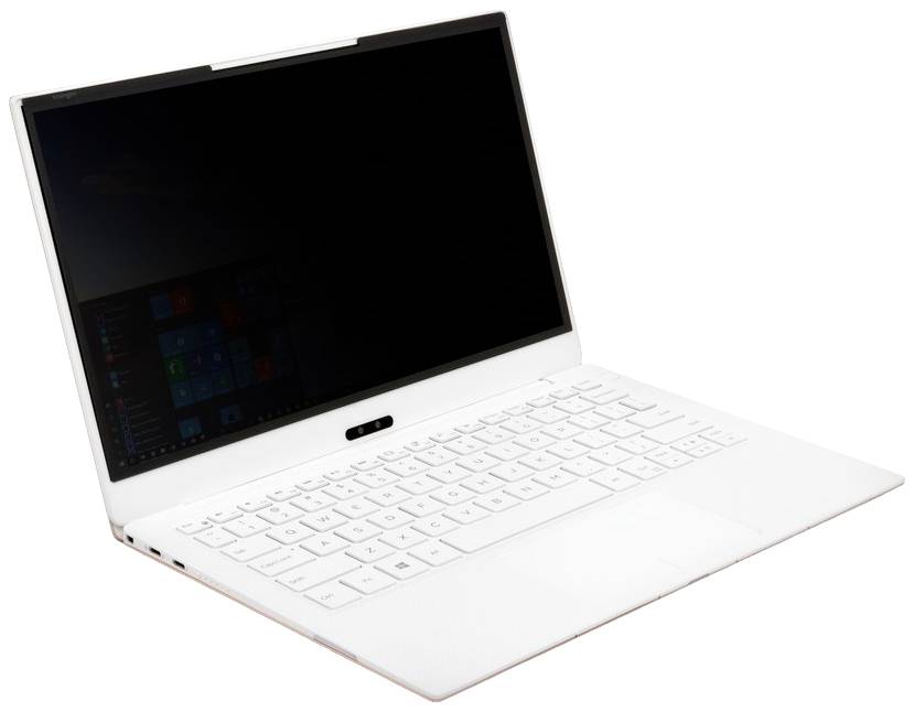 Ein weißer Laptop mit geöffneter, schwarzer Bildschirmfläche und weißer Tastatur. Helle, minimalistische Gestaltung.